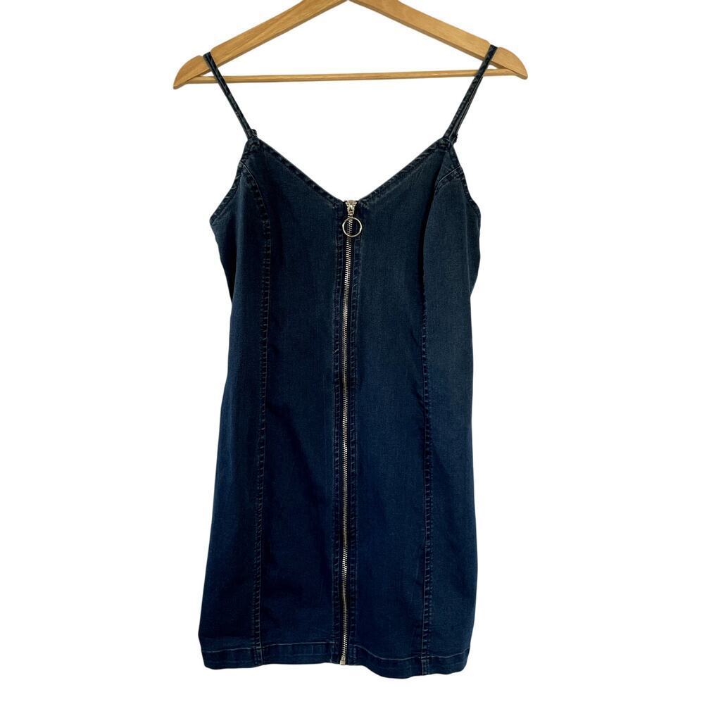 Iris blue denim minidress women's size L full zip front spaghetti straps